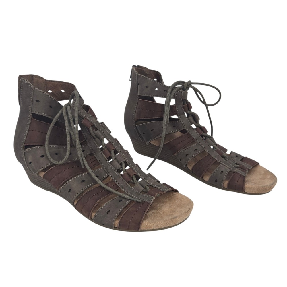 Rockport Wedge‎ Sandals Women 9.5 Brown Leather Gladiator Zip Comfort Shoes